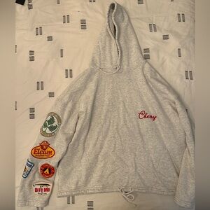 Cherry LA Light Gray Hoodie with Red Script and Multicolor Sleeve Patches